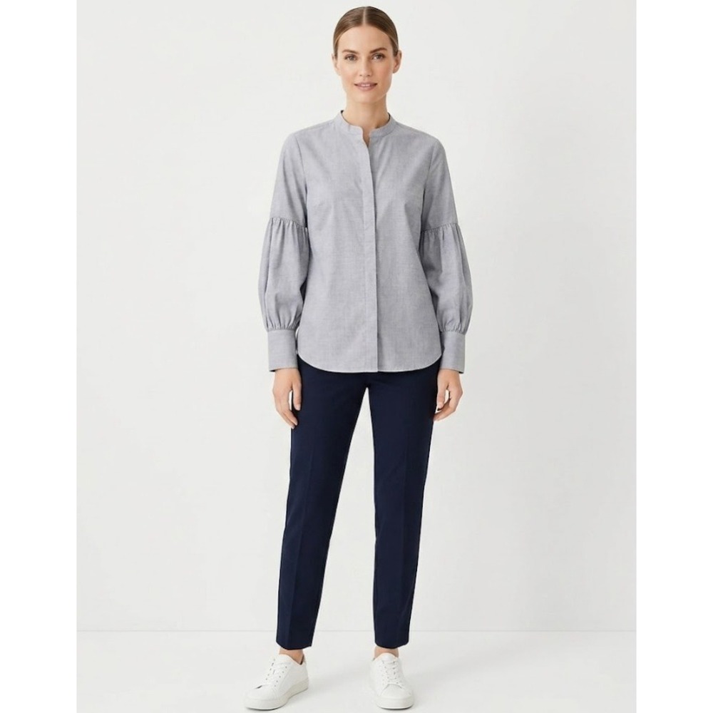 New Ann Taylor Medium Gray Puff Sleeve Preppy Office Career Button Down